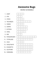 Awesome Bugs word scramble puzzle