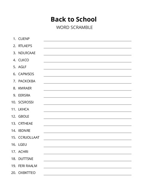Back to School Word Scramble Puzzle