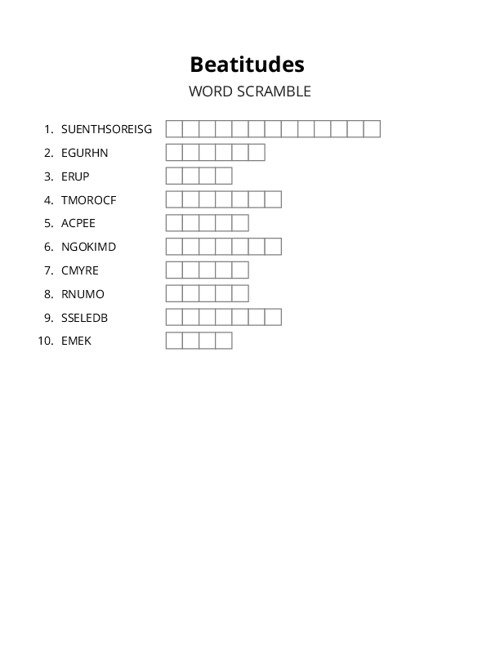 Beatitudes Word Scramble Puzzle