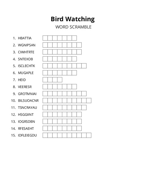 Bird Watching Word Scramble Puzzle