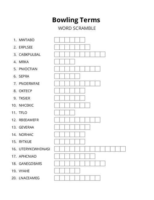 Bowling Terms Word Scramble Puzzle