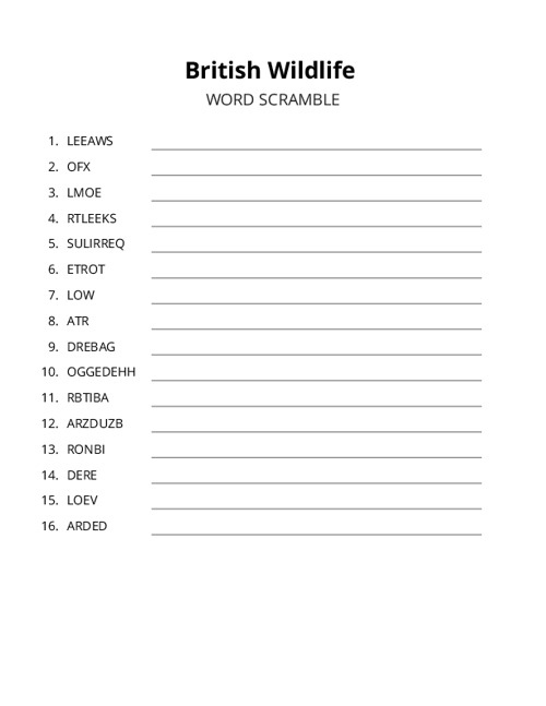 British Wildlife Word Scramble Puzzle