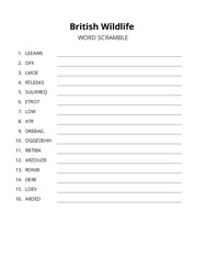 British Wildlife word scramble puzzle