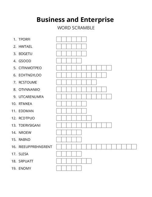 Business and Enterprise Word Scramble Puzzle