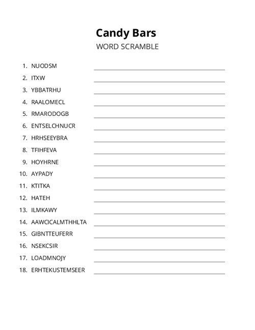 Candy Bars Word Scramble Puzzle