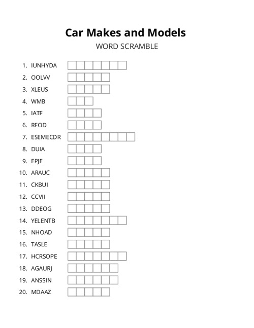 Car Makes and Models Word Scramble Puzzle