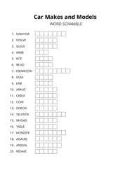 Car Makes and Models word scramble puzzle
