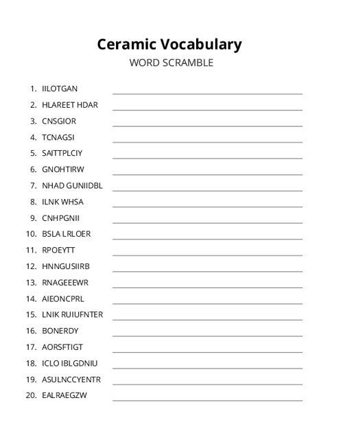 Ceramic Vocabulary Word Scramble Puzzle