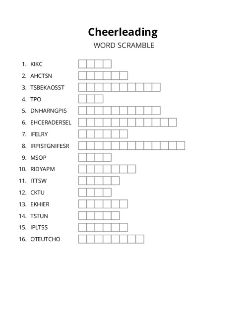Cheerleading Word Scramble Puzzle