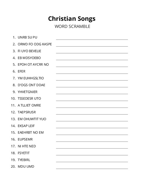 Christian Songs Word Scramble Puzzle