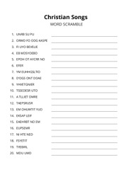 Christian Songs word scramble puzzle