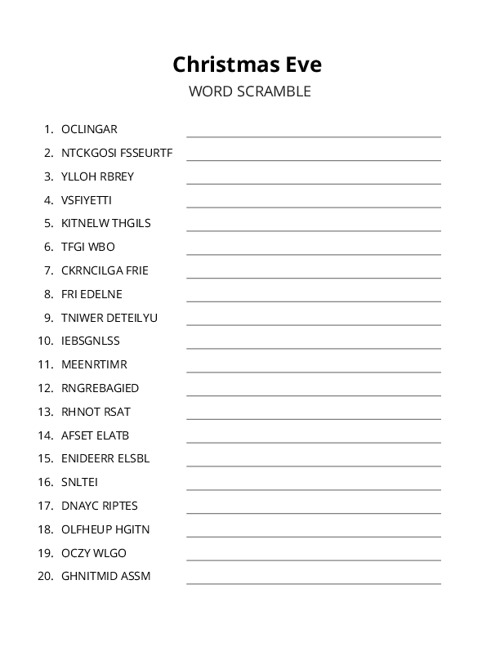 Christmas Eve Word Scramble Puzzle