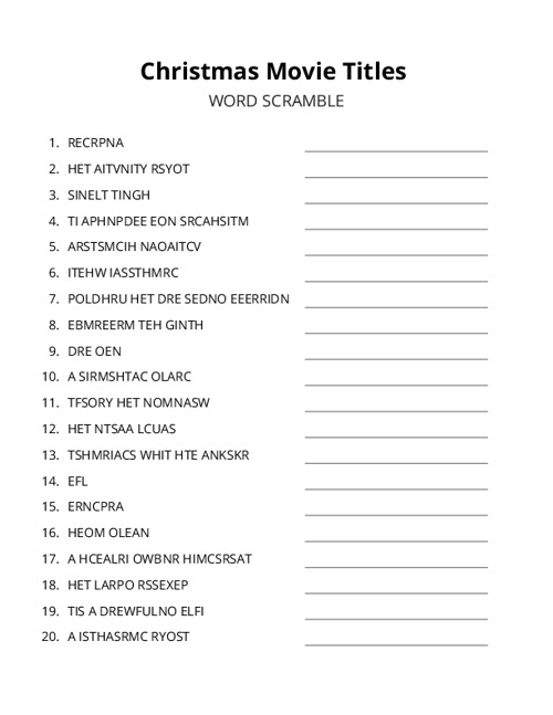 Christmas Movie Titles Word Scramble Puzzle