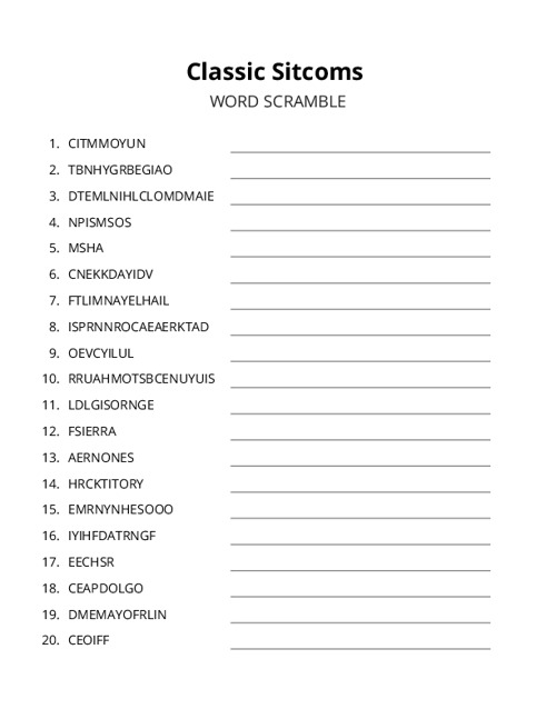 Classic Sitcoms Word Scramble Puzzle