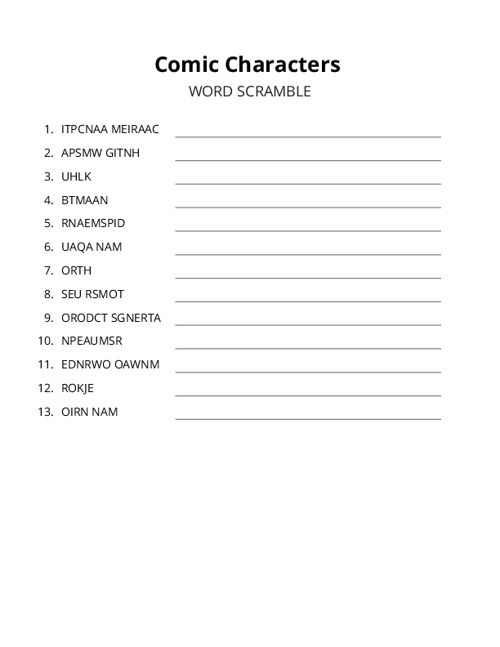 Comic Characters Word Scramble Puzzle