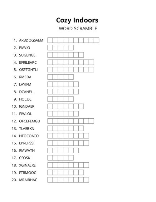 Cozy Indoors Word Scramble Puzzle