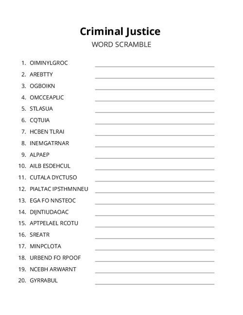 Criminal Justice Word Scramble Puzzle