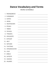 Dance Vocabulary and Terms word scramble puzzle