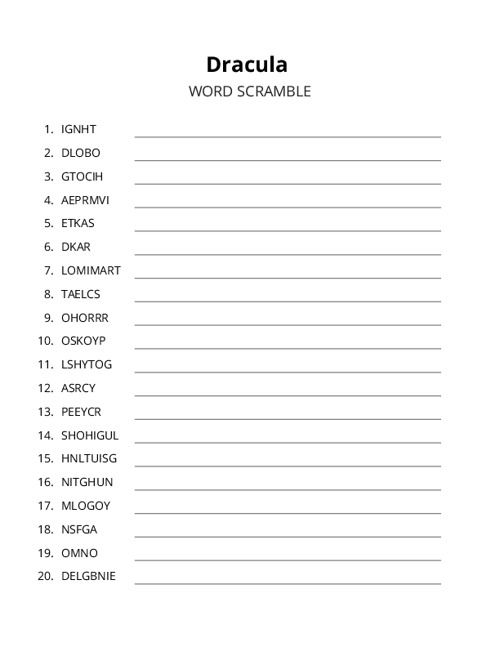 Dracula Word Scramble Puzzle