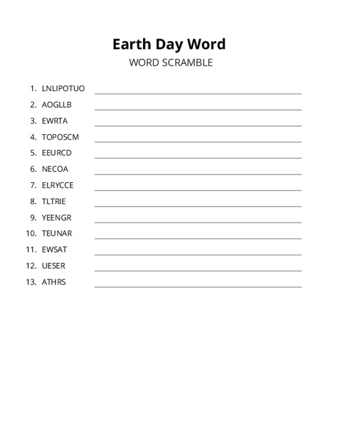 Earth Day Word Word Scramble Puzzle