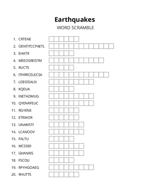 Earthquakes Word Scramble Puzzle