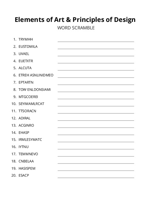 Elements of Art & Principles of Design Word Scramble Puzzle