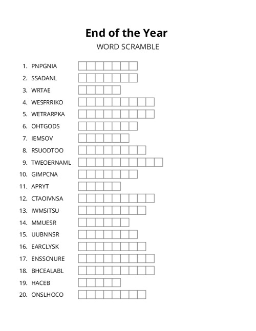 End of the Year Word Scramble Puzzle