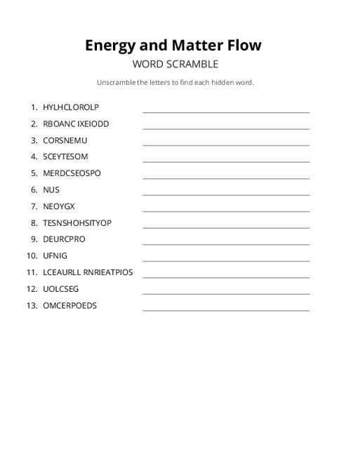 Energy and Matter Flow Word Scramble Puzzle
