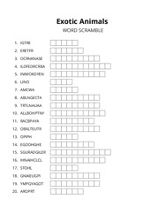 Exotic Animals word scramble puzzle