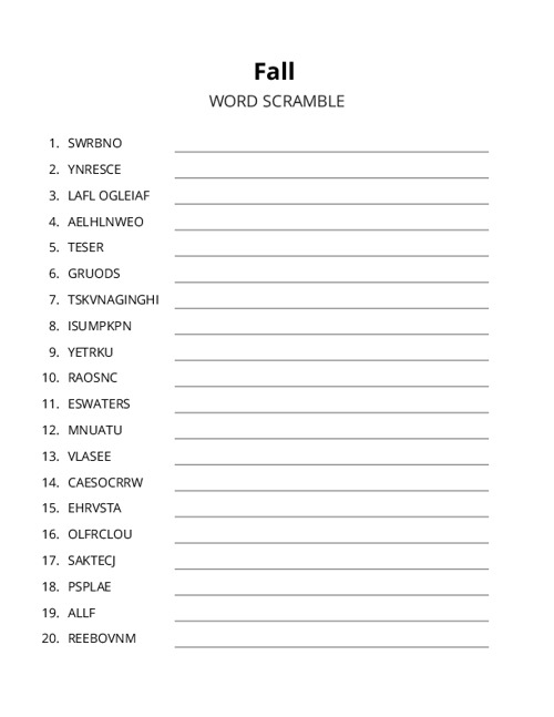Fall Word Scramble Puzzle