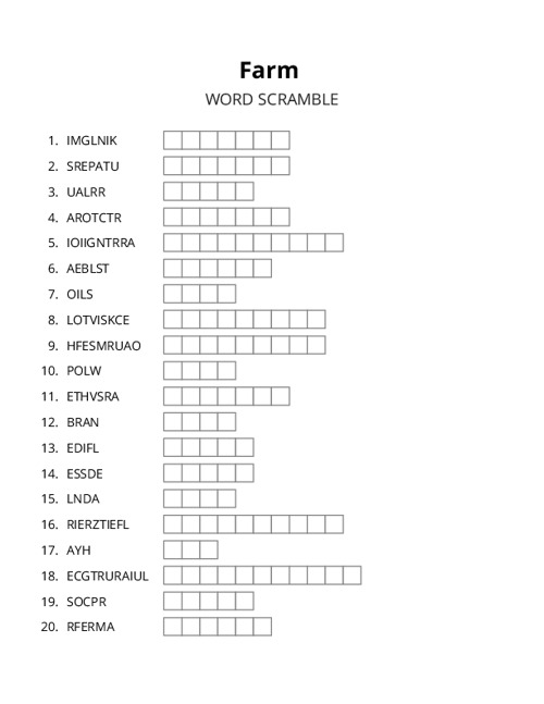 Farm Word Scramble Puzzle