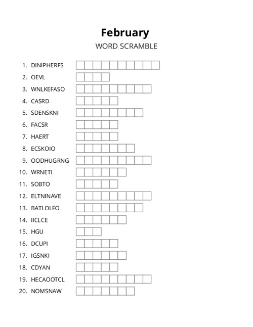February Word Scramble Puzzle