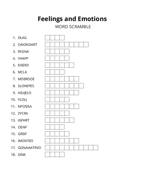 Feelings and Emotions Word Scramble Puzzle