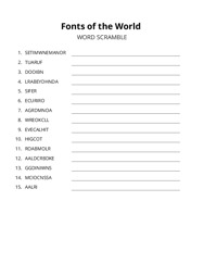 Fonts of the World word scramble puzzle