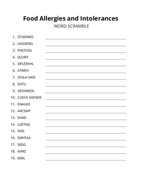 Food Allergies and Intolerances Word Scramble Puzzle