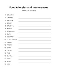 Food Allergies and Intolerances word scramble puzzle