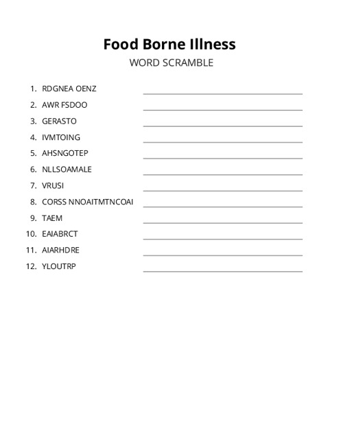 Food Borne Illness Word Scramble Puzzle