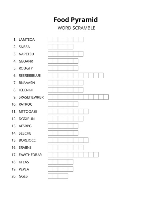 Food Pyramid Word Scramble Puzzle