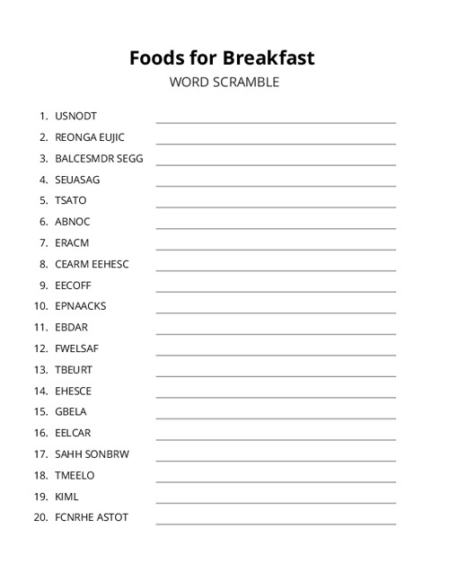 Foods for Breakfast Word Scramble Puzzle