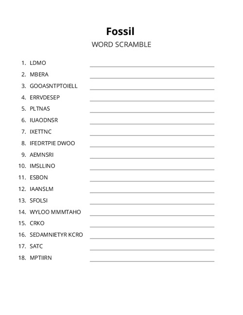 Fossil Word Scramble Puzzle