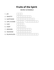 Fruits of the Spirit word scramble puzzle