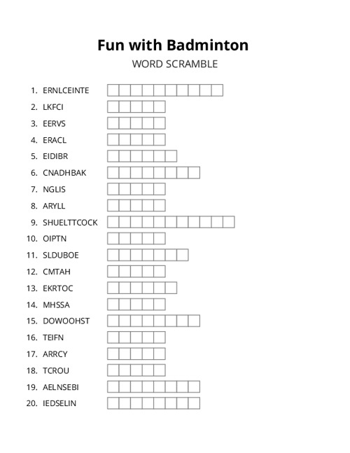 Fun with Badminton Word Scramble Puzzle