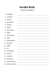 Garden Birds word scramble puzzle