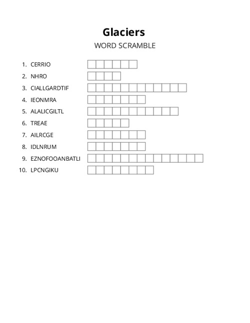 Glaciers Word Scramble Puzzle