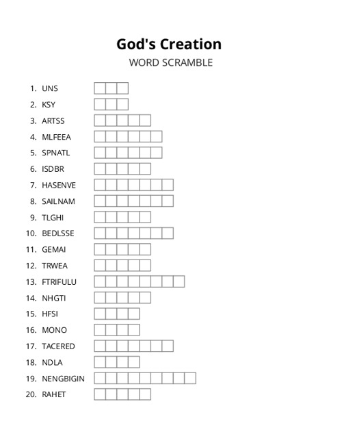 Gods Creation Word Scramble Puzzle