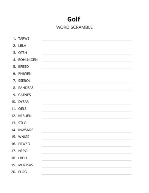 Golf Word Scramble Puzzle