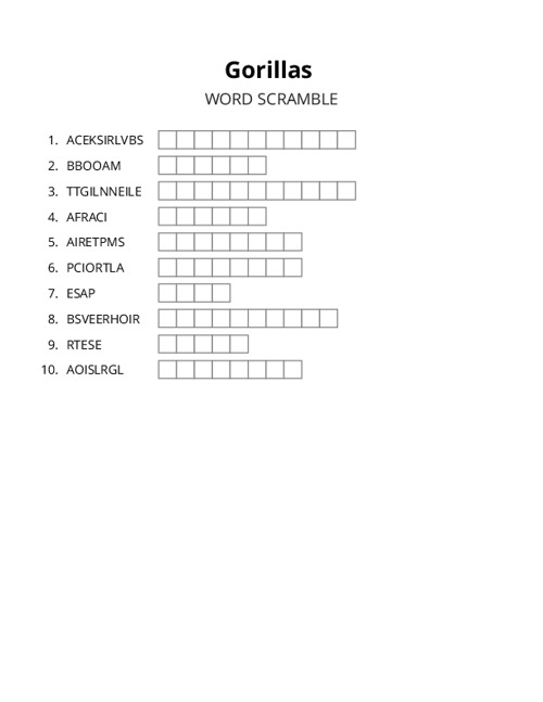 Gorillas Word Scramble Puzzle