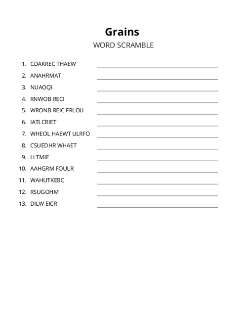 Grains Word Scramble Puzzle