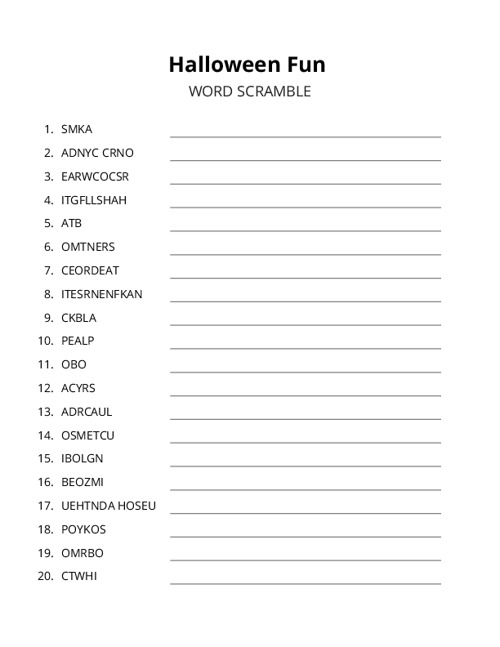 Halloween Fun Word Scramble Puzzle