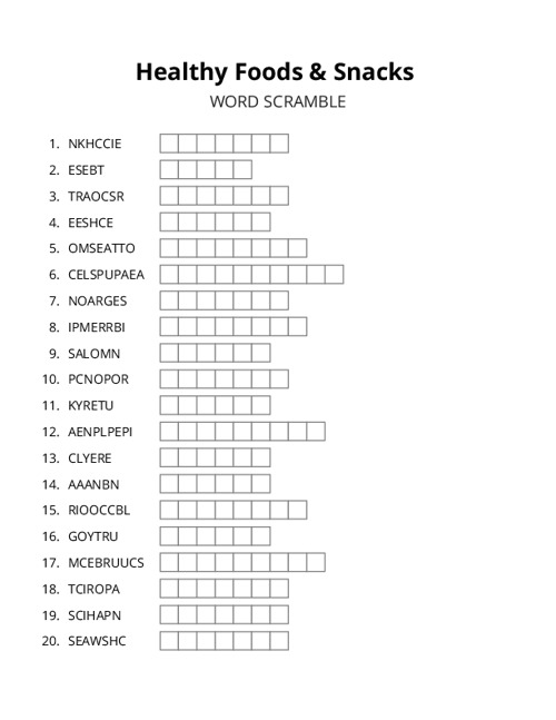 Healthy Foods & Snacks Word Scramble Puzzle